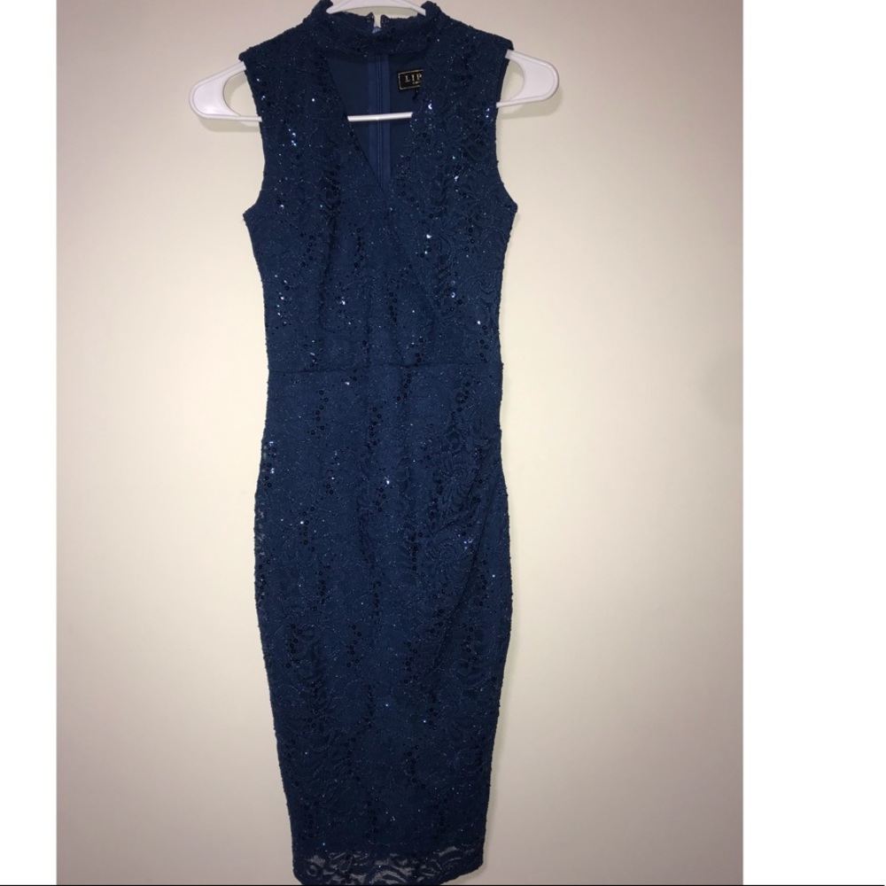 A Lipsy London dark sparkly blue dress.